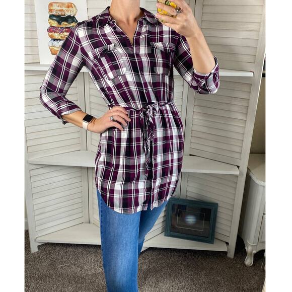 Bass & Co purple and white plaid tied tunic top - Picture 2 of 8
